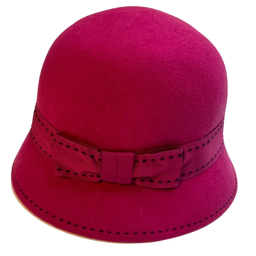 Nordstrom Magenta Pink Wool Cloche Hat Made in Italy Bow Detail Vintage Style